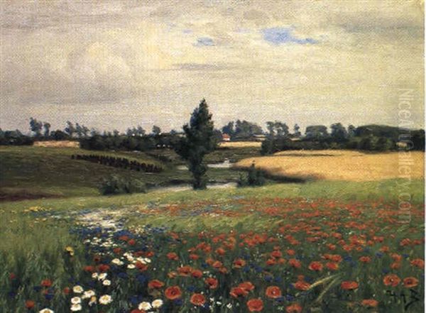 Marker Med Valmuer, Margueritter Og Kornblomster Oil Painting by Hans Andersen Brendekilde