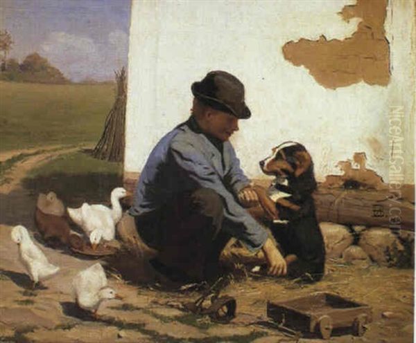 Dreng Med En Hund, Studie Til En Fynsk Bondegard Oil Painting by Hans Andersen Brendekilde