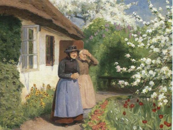 To Bondekoner Staende I Solskin Ved Et Strataekt Bondehus   Omgivet Blomster Og Blomstrende Frugttraeer Oil Painting by Hans Andersen Brendekilde