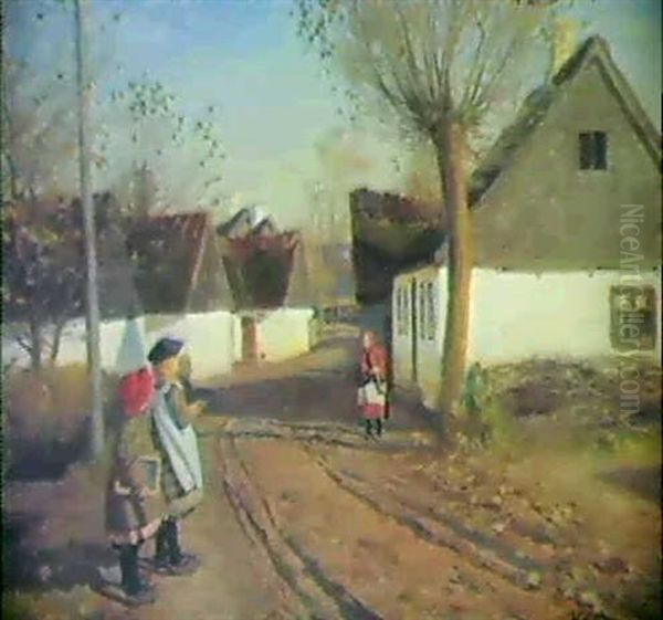 Gade I Abbednaes Ved Gauno, Tre Legende Piger Oil Painting by Hans Andersen Brendekilde