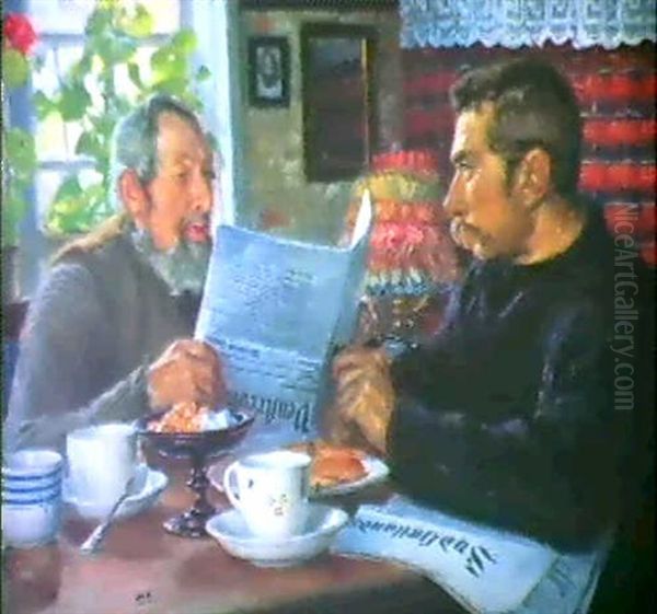 Interior Med To Husmaend Ved Kaffebordet, Siddende Hver Med Sydsjaelladnske Venstreblad.... Oil Painting by Hans Andersen Brendekilde