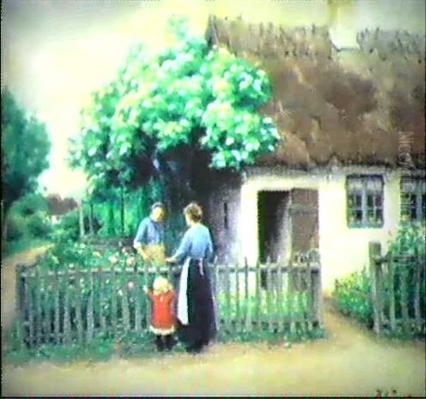 Tva Kvinnor Och Liten Flicka I Samtal Utanfor Hus Med Blommande Tragard Oil Painting by Hans Andersen Brendekilde