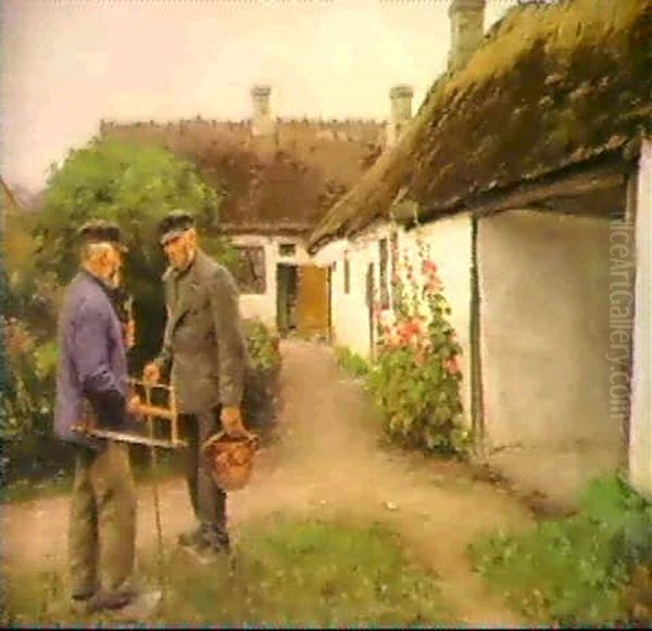 En Handvaerker Og En Bonde I Samtale                        Uden For Et Gammelt Bondehus Oil Painting by Hans Andersen Brendekilde