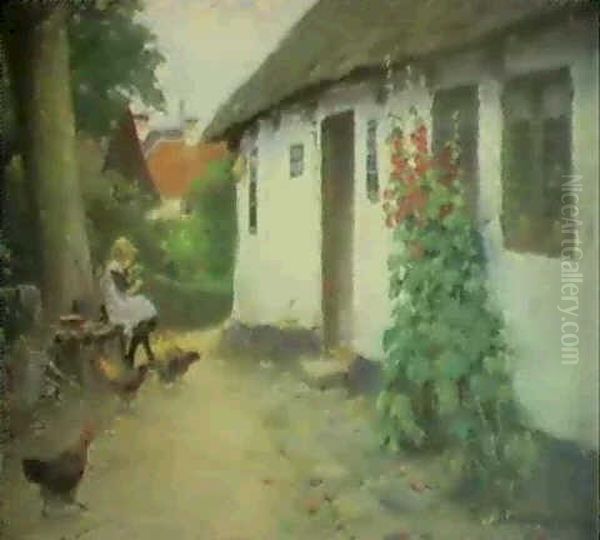 Lille Pige Udenfor Bondehus Med Stokrosor Oil Painting by Hans Andersen Brendekilde