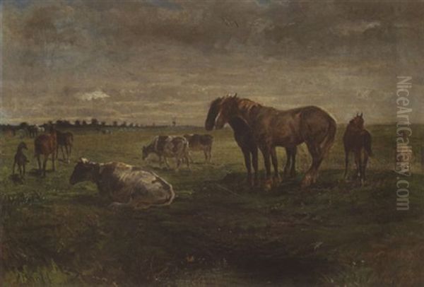 Kuhe, Pferde Und Ein Schaf Auf Der Weide Oil Painting by Albert Heinrich Brendel