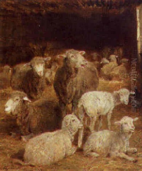 Sheep And Lambs In A Barn Oil Painting by Albert Heinrich Brendel