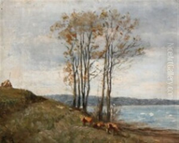 Three Cows On A Hilly Stretch Of Coast Oil Painting by Thorald Brendstrup