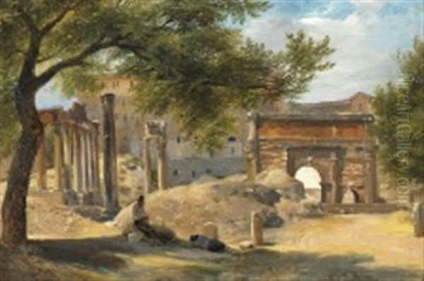 View From The Roman Forum With The Arch Of Septimius Severus And Campidoglio In The Background Oil Painting by Thorald Brendstrup