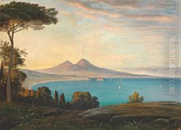 The Bay Of Naples With A View Of Mount Vesuvius Oil Painting by Thorald Brendstrup