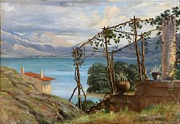 An Italian Landscape With A Pergola And View Over A Lake by Thorald Brendstrup