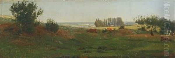 Summer Landscape With Grazing Cow And People On Picnic Oil Painting by Thorald Brendstrup