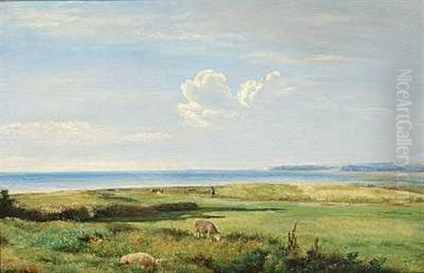 Graessende Far Pa En Strandeng Med Havet I Baggrunden Oil Painting by Thorald Brendstrup