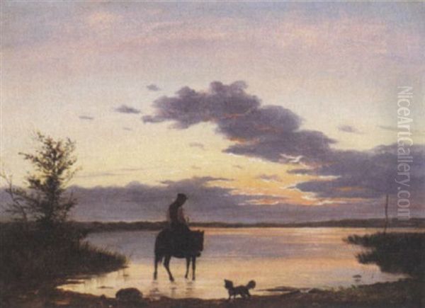 Aftenrode Ved Maribo So, Pa Bredden Rytter Og Lille Hund Oil Painting by Thorald Brendstrup