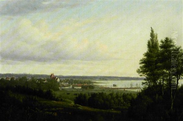 Udsigt Over En Dansk Kobstad Ved Kysten Oil Painting by Thorald Brendstrup