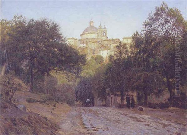 Ariccia I Albanerbjergene Ved Solnedgang Oil Painting by Thorald Brendstrup