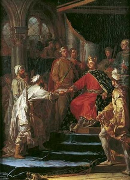 Saint Louis Recevant L'ambassadeur Du Roi De Tartarie (sic) Oil Painting by Nicolas Guy Brenet