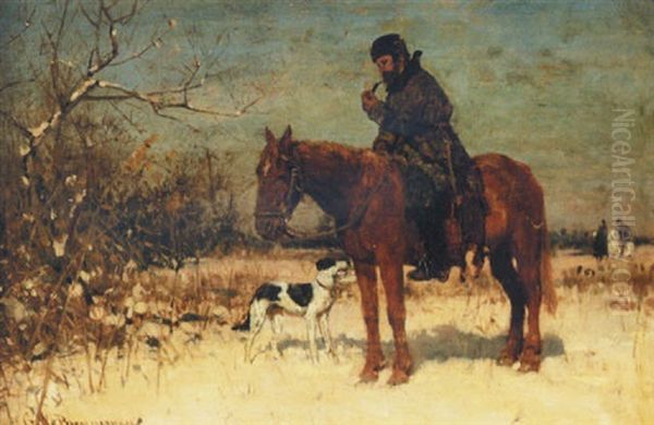 A Horseman And His Dog In A Snowy Landscape Oil Painting by George W. Brenneman