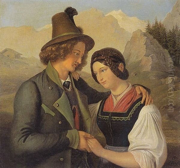 Paar In Tracht Vor Gebirgslandschaft Oil Painting by Adam Brenner