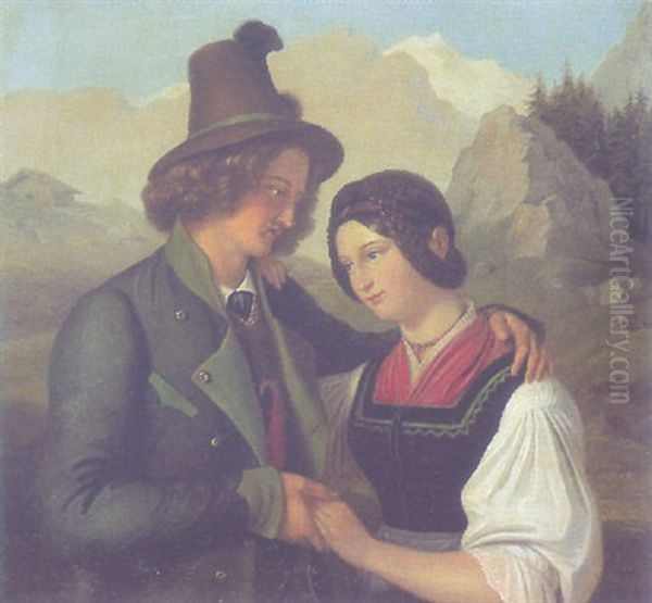 Paar In Tracht Vor Gebirgslandschaft Oil Painting by Adam Brenner