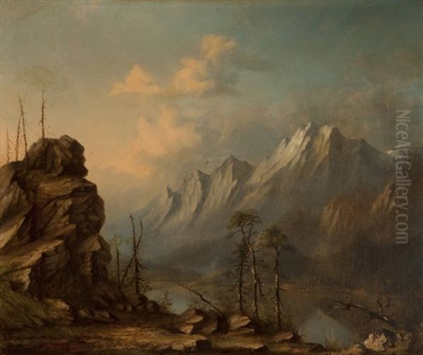 High Altitude Lake In A Mountain Landscape Oil Painting by Carl Christian Brenner