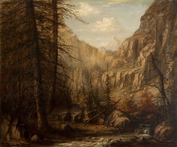 Stream Through A Mountain Gorge Oil Painting by Carl Christian Brenner