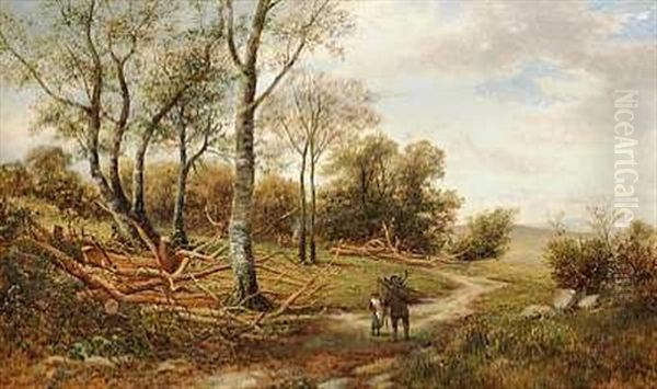 Efterarslandskab Med Lille Pige Og Hendes Far, Der Sanker Braende Oil Painting by Carl Christian Brenner