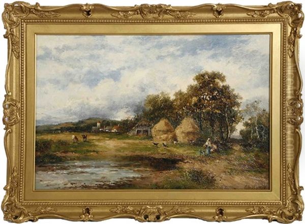 Hay Stacks, Farm Animals And Figures By A Pond Oil Painting by Carl Brennir