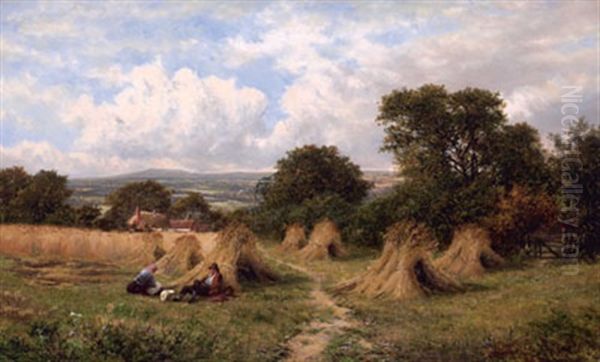 Figures In A Field With Haystacks, Distant Valley Oil Painting by Carl Brennir