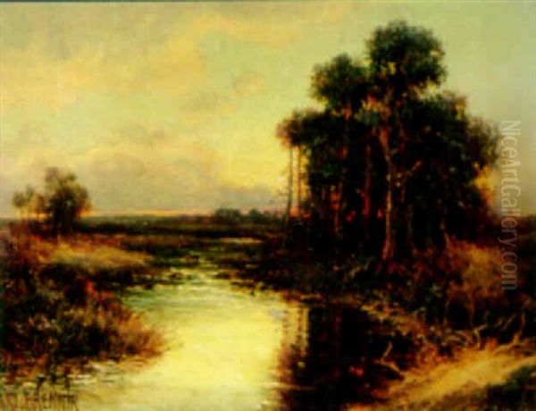 River Landscape At Sunset Oil Painting by Carl Brennir