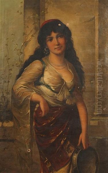 Gypsy Girl With Tambourine Oil Painting by Anton Brentano