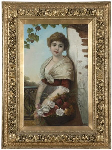 Woman With Flower Basket Oil Painting by Anton Brentano