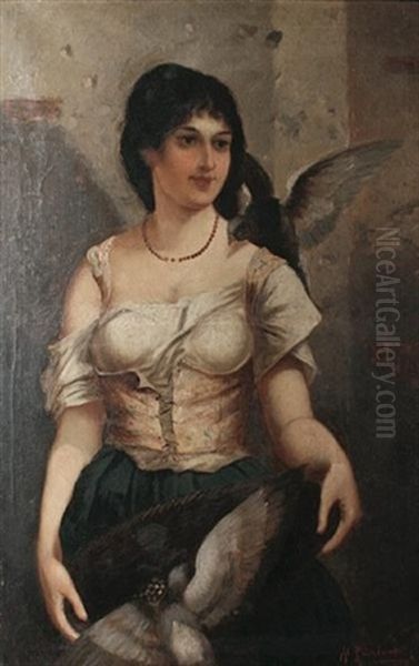 Gypsy Girl With Pigeons (+ Gypsy Girl With Grapes; Pair) Oil Painting by Anton Brentano