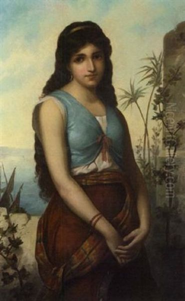 Portrait Of A Girl With A Tambourine Against A Coastal Landscape Oil Painting by Anton Brentano