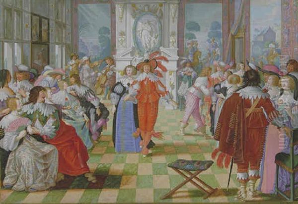 Ladies And Cavaliers In A Ballroom Oil Painting by Friedrich Brentel the Elder