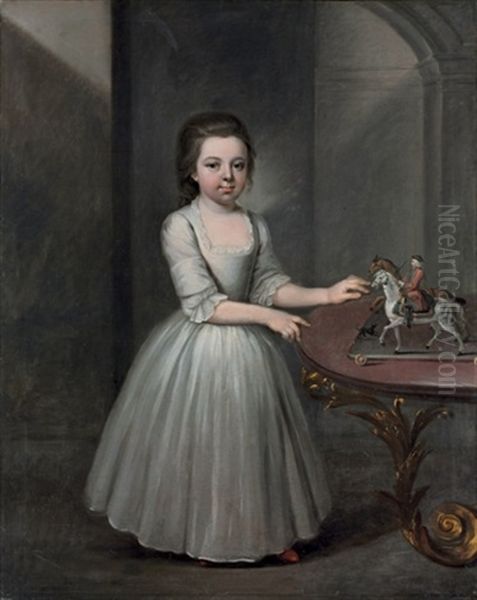 Portrait Of A Young Girl In An Oyster Satin Dress, By A Table With A Figurine Of A Soldier On Horeseback Oil Painting by Francis Brerewood