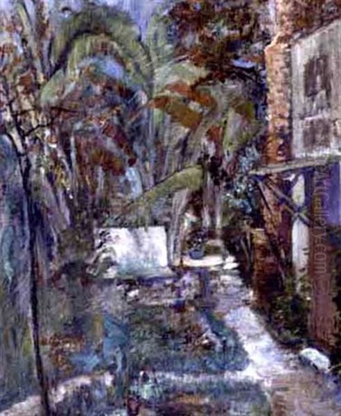 Patio At Selena Bres' Pine Street Home, New Orleans Oil Painting by Selina Elizabeth Bres