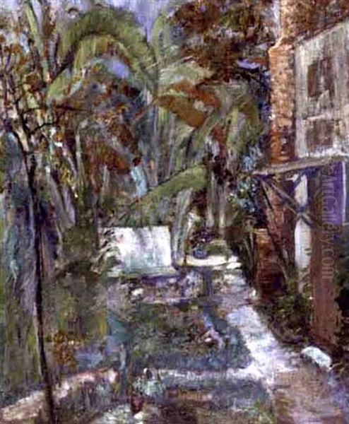 Patio At Selina Bres' Pine Street Home, New Orleans Oil Painting by Selina Elizabeth Bres