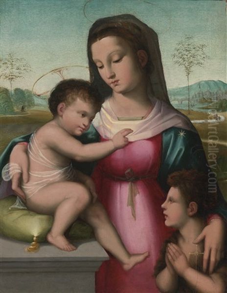 Madonna And Child With The Infant Saint John The Baptist Oil Painting by Andrea del Brescianino