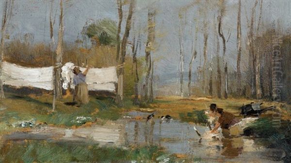 Wascherinnen Am Fluss Oil Painting by Marie Louise Catherine Breslau