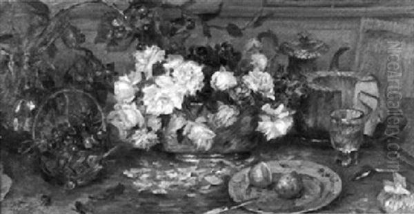 Stilleben Mit Blumen, Kirschen Und Kuchen Oil Painting by Marie Louise Catherine Breslau