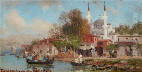 A Turkish Harbour Oil Painting by Germain Fabius Brest