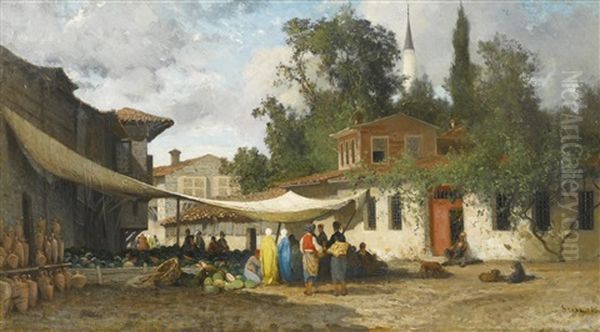 A Turkish Market Oil Painting by Germain Fabius Brest