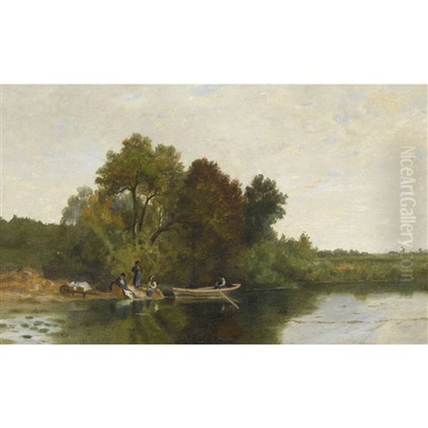 Flusslandschaft Mit Frauen Und Ruderboot Oil Painting by Germain Fabius Brest