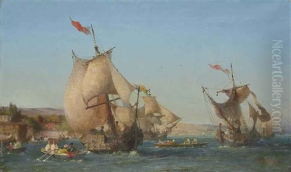 Boutres Sur Le Bosphore Oil Painting by Germain Fabius Brest