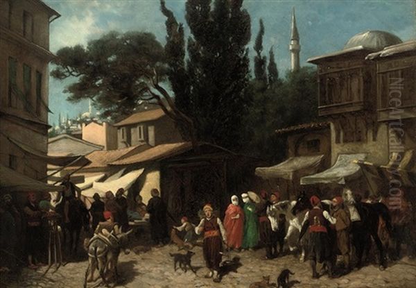 A Bustling Arab Market Oil Painting by Germain Fabius Brest