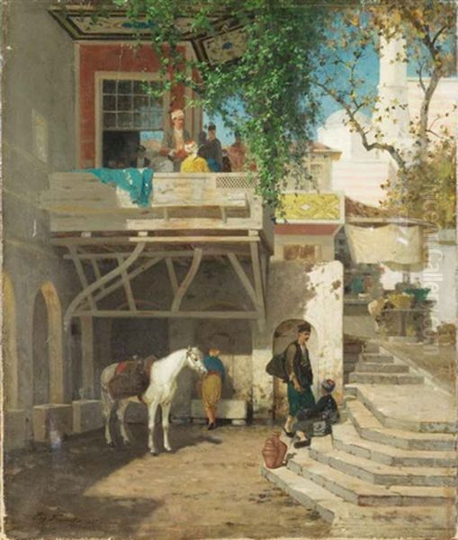 Scene De Rue Animee Oil Painting by Germain Fabius Brest