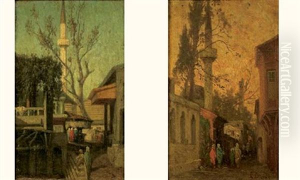 Ruelle Animee De Personnages A Istanbul (+ Another Similar; Pair) Oil Painting by Germain Fabius Brest