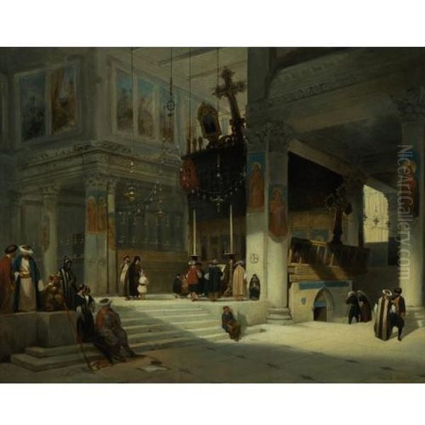 Worshippers Inside An Eastern Church Oil Painting by Germain Fabius Brest