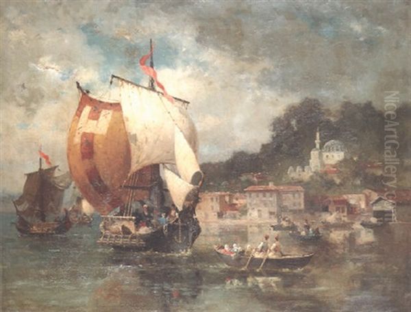 Shipping Off The Turkish Coast Oil Painting by Germain Fabius Brest