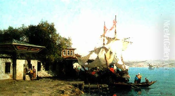 A Sailboat On The Bosphorus Oil Painting by Germain Fabius Brest